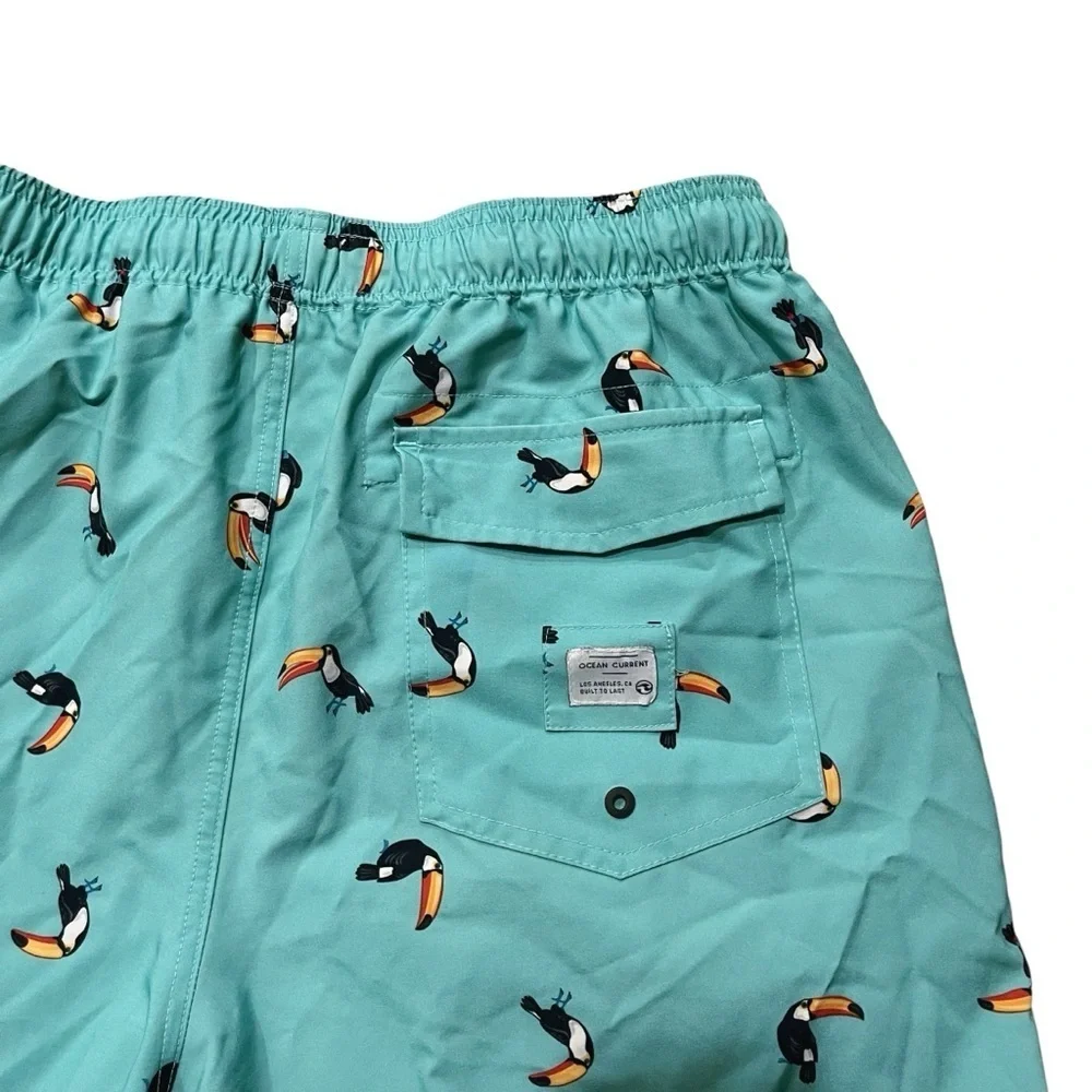 Ocean Current Men XL Swim Board Shorts Fast Dry Trunks Teal Blue Hawaiian Bird